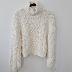 Elegant Cable Knit Turtleneck Sweater - Cream